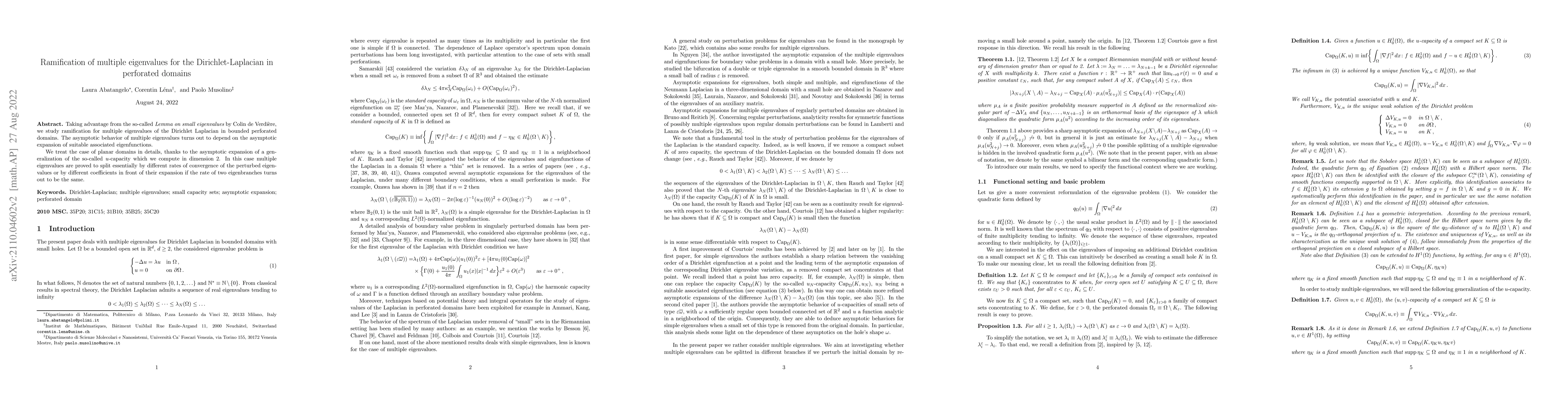 Thumbnail for Ramification of multiple eigenvalues for the Dirichlet-Laplacian in
  perforated domains