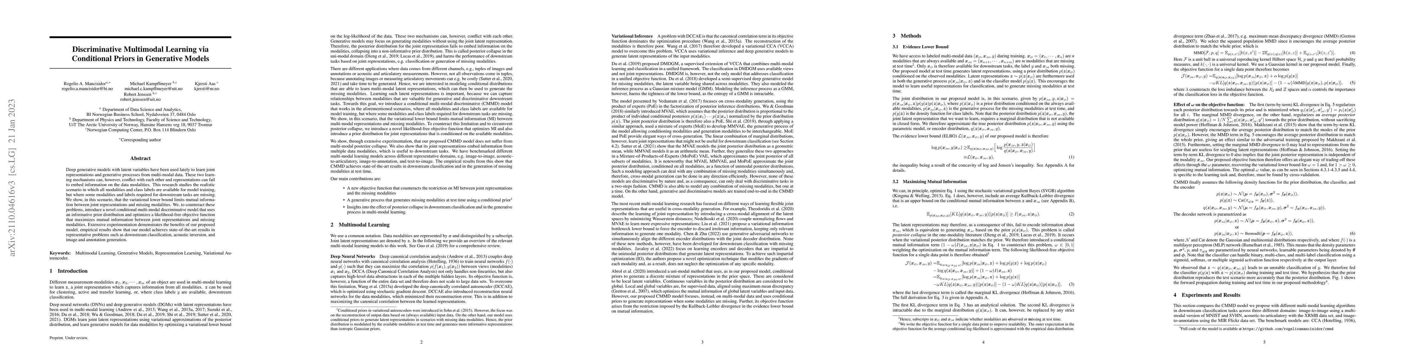 Thumbnail for Discriminative Multimodal Learning via Conditional Priors in Generative
  Models