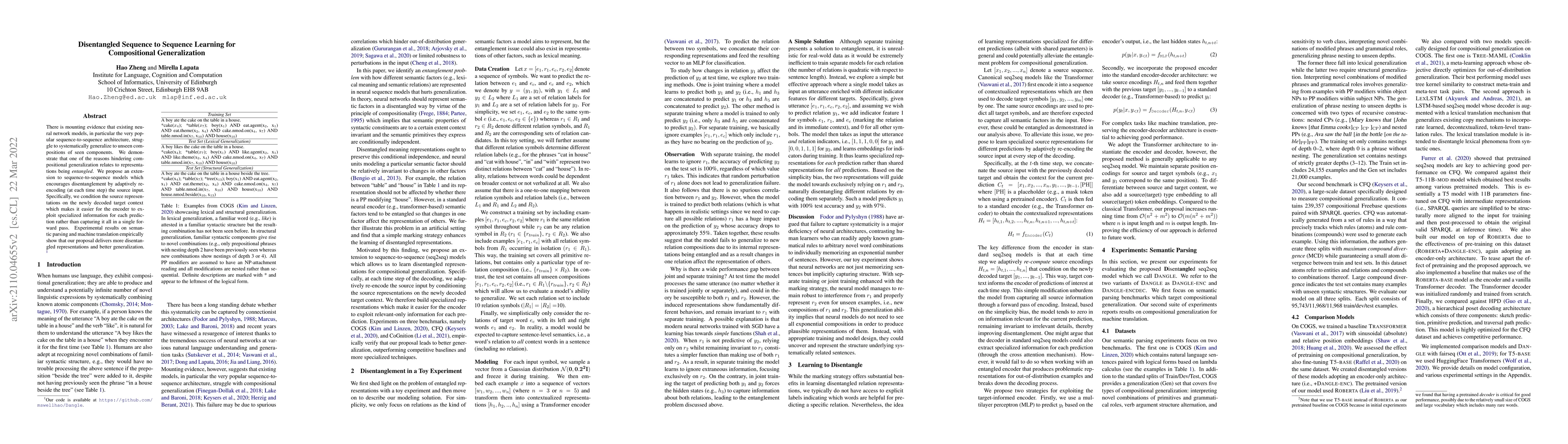 Thumbnail for Disentangled Sequence to Sequence Learning for Compositional
  Generalization