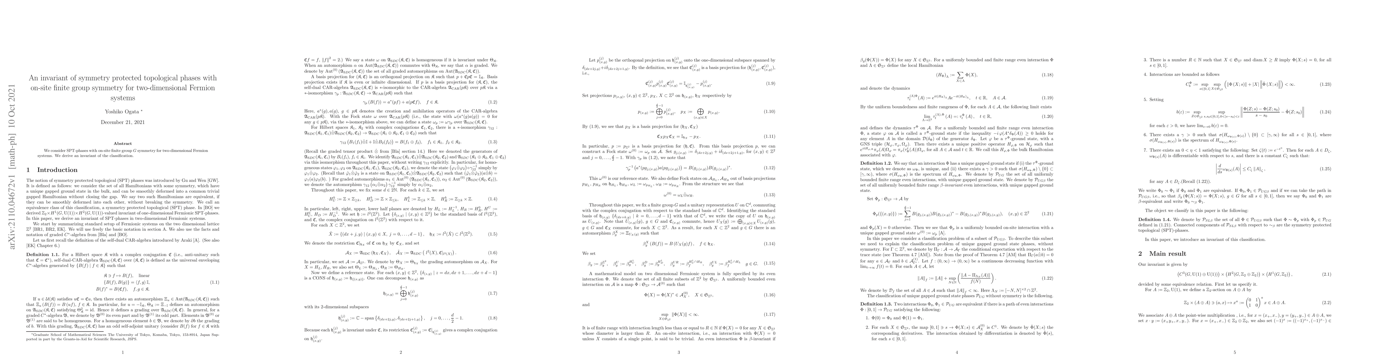 Thumbnail for An invariant of symmetry protected topological phases with on-site
  finite group symmetry for two-dimensional Fermion systems