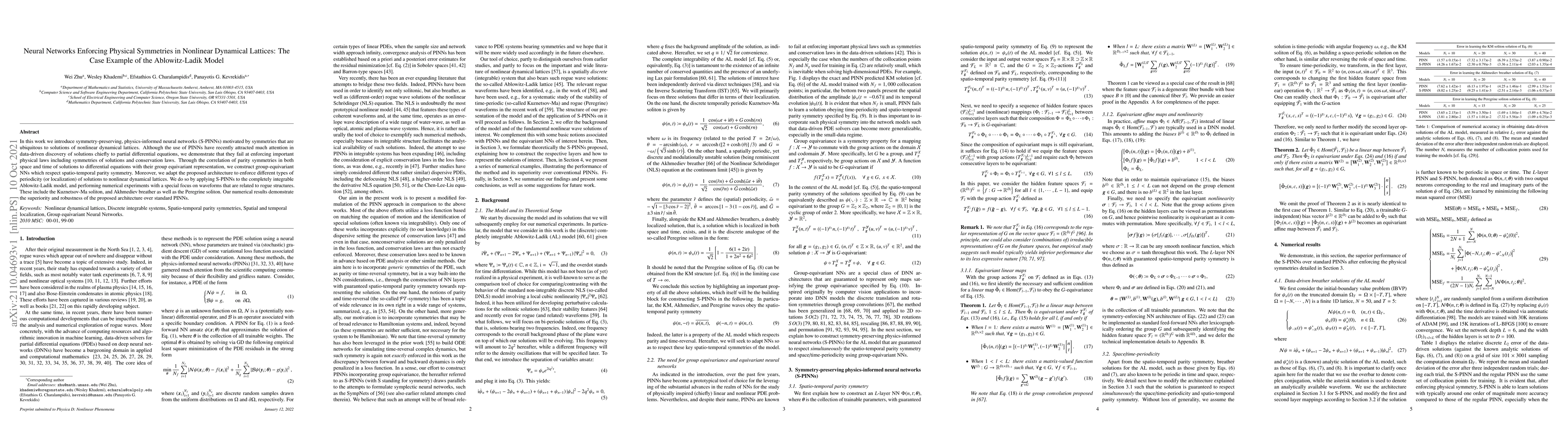 Thumbnail for Neural Networks Enforcing Physical Symmetries in Nonlinear Dynamical
  Lattices: The Case Example of the Ablowitz-Ladik Model
