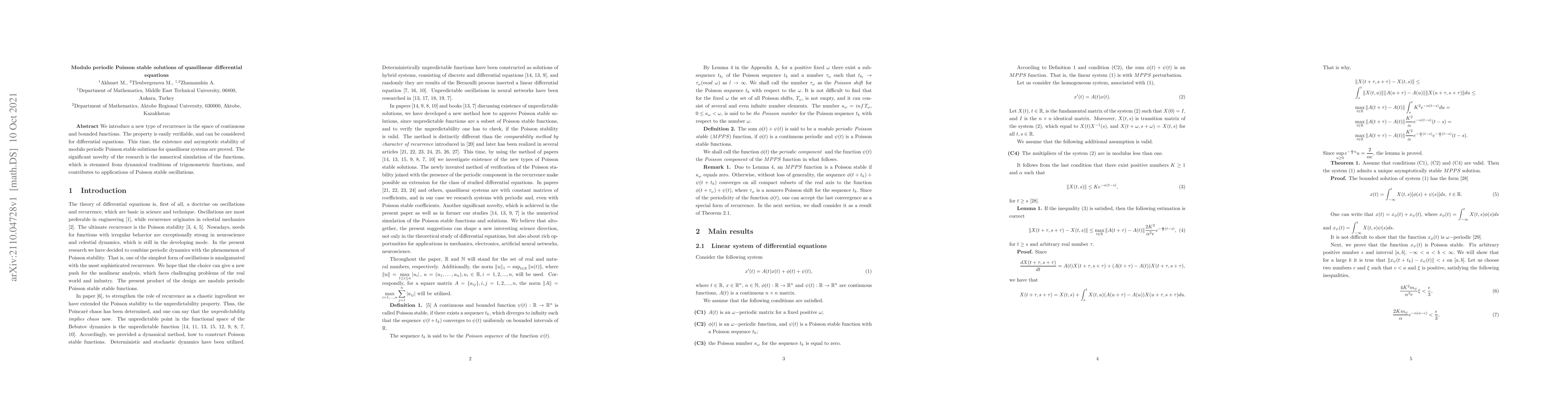 Thumbnail for Modulo periodic Poisson stable solutions of quasilinear differential
  equations
