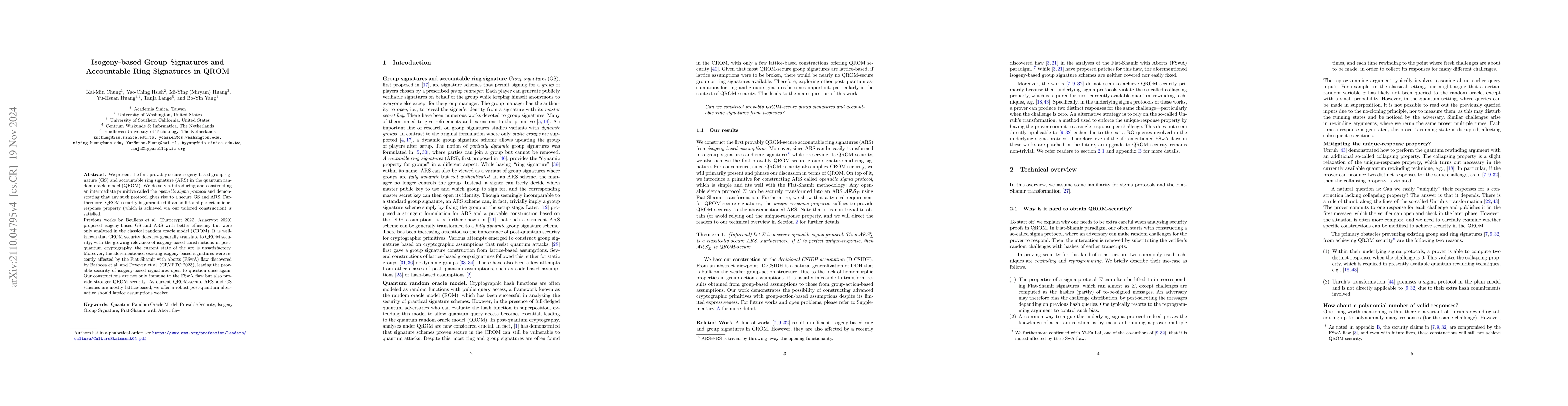 Thumbnail for Isogeny-based Group Signatures and Accountable Ring Signatures in QROM