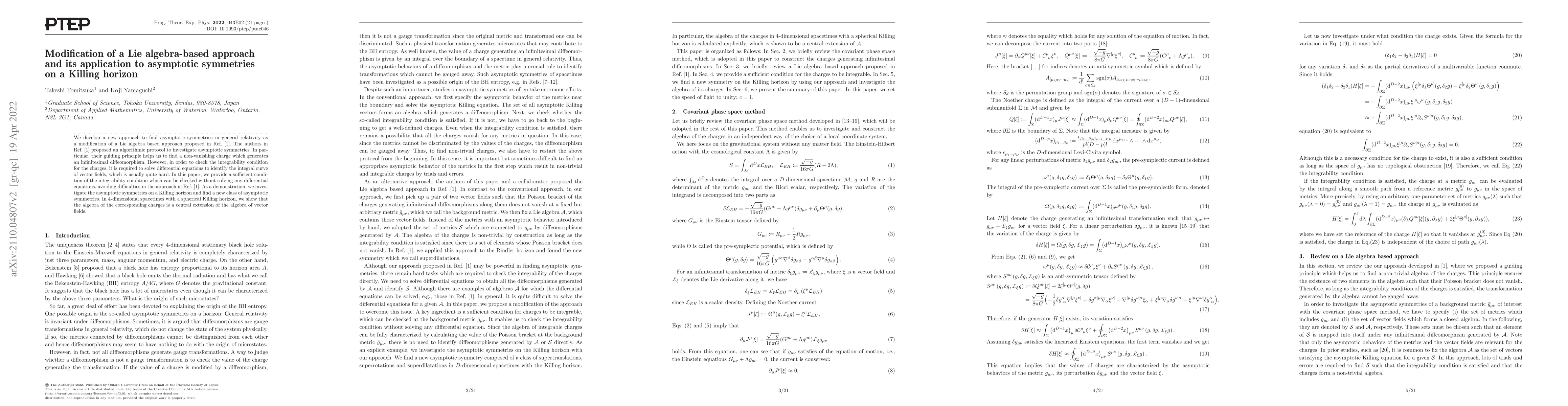 Thumbnail for Modification of a Lie-algebra-based approach and its application to
  asymptotic symmetries on a Killing horizon