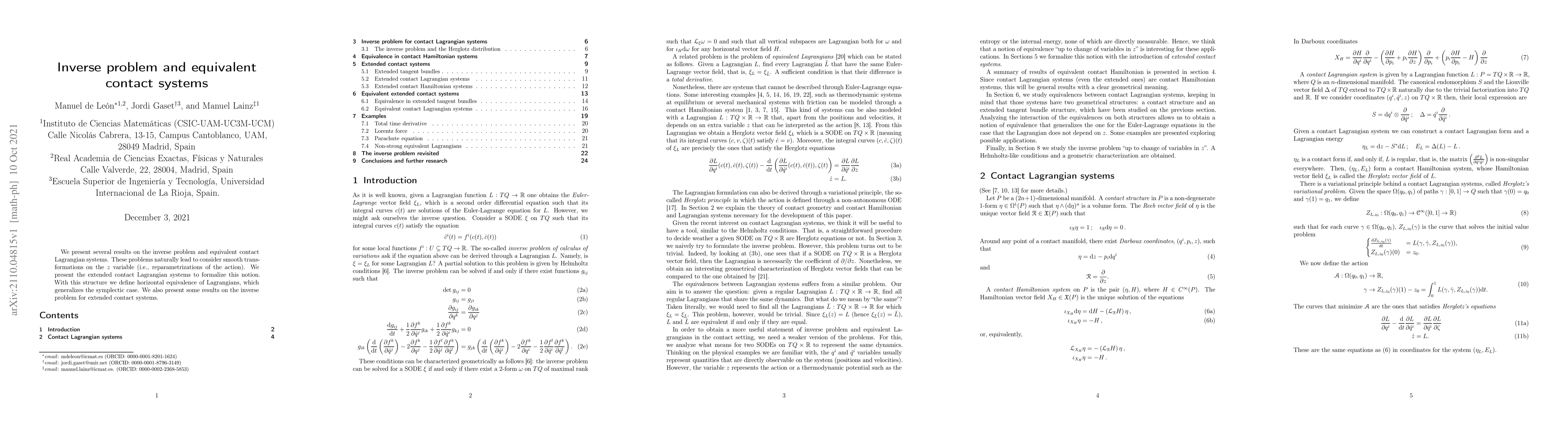 Thumbnail for Inverse problem and equivalent contact systems