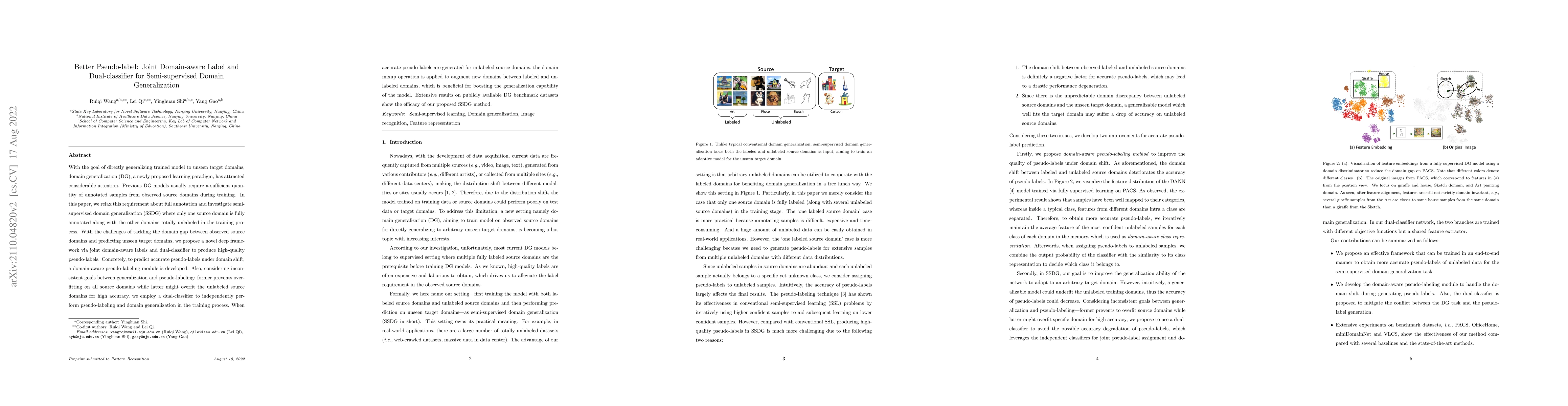 Thumbnail for Better Pseudo-label: Joint Domain-aware Label and Dual-classifier for
  Semi-supervised Domain Generalization