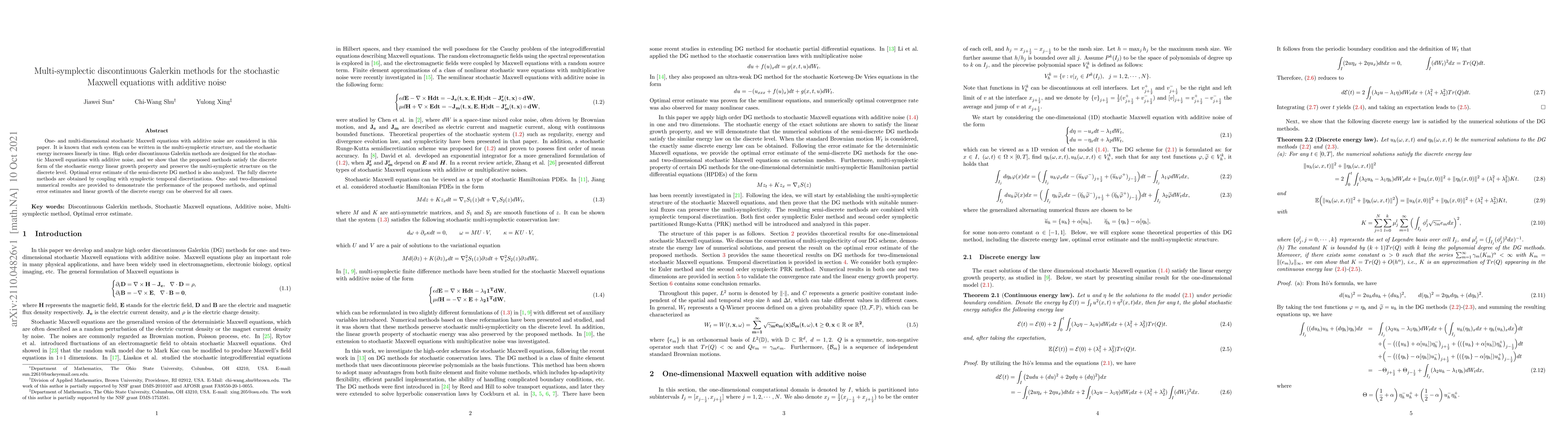 Thumbnail for Multi-symplectic discontinuous Galerkin methods for the stochastic
  Maxwell equations with additive noise