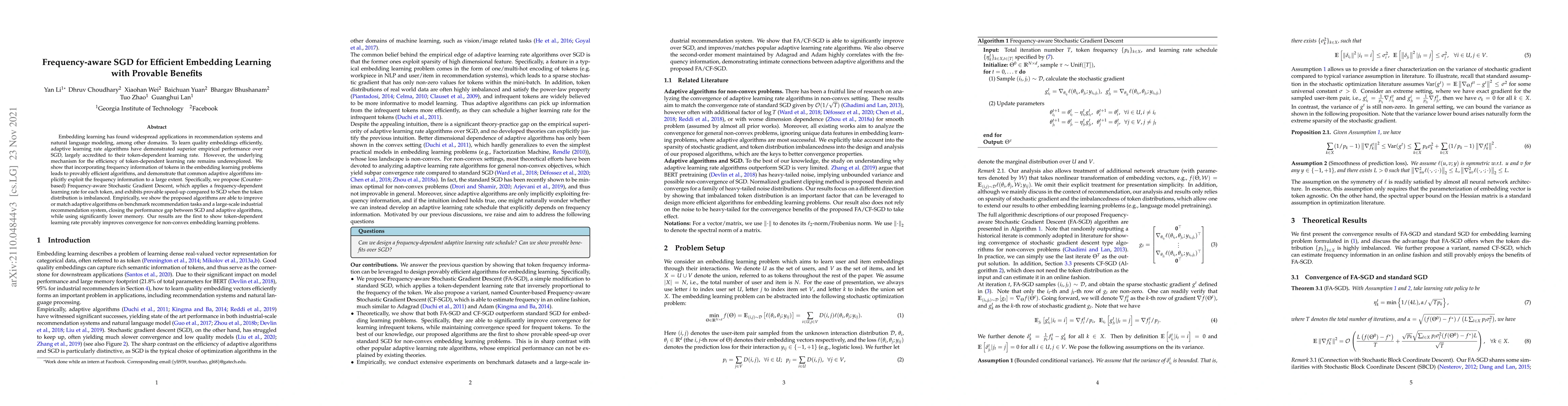 Thumbnail for Frequency-aware SGD for Efficient Embedding Learning with Provable
  Benefits