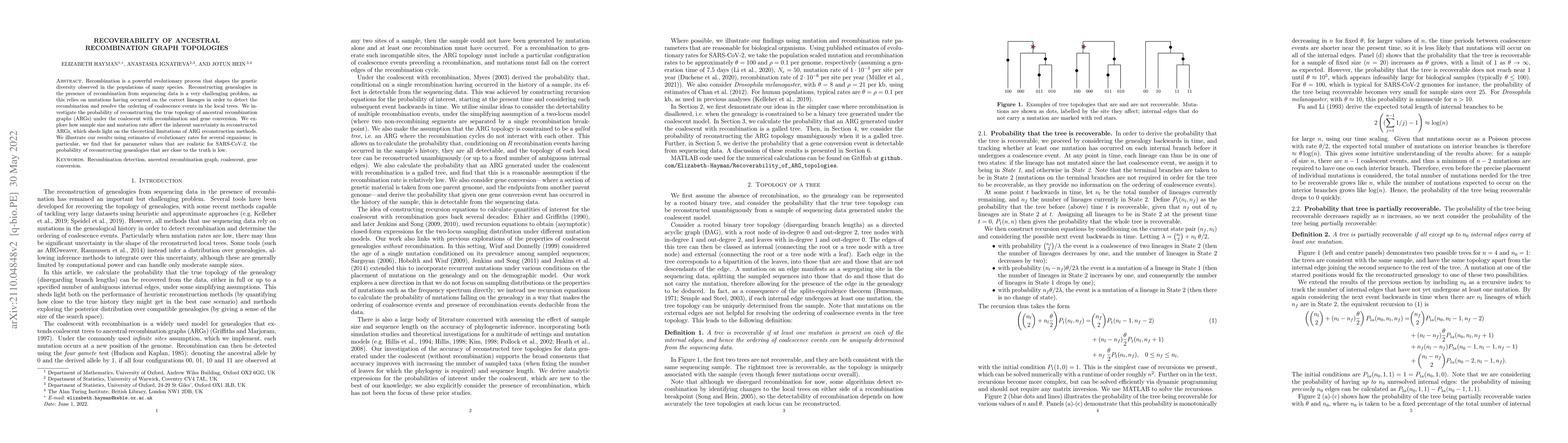 Thumbnail for Recoverability of Ancestral Recombination Graph Topologies