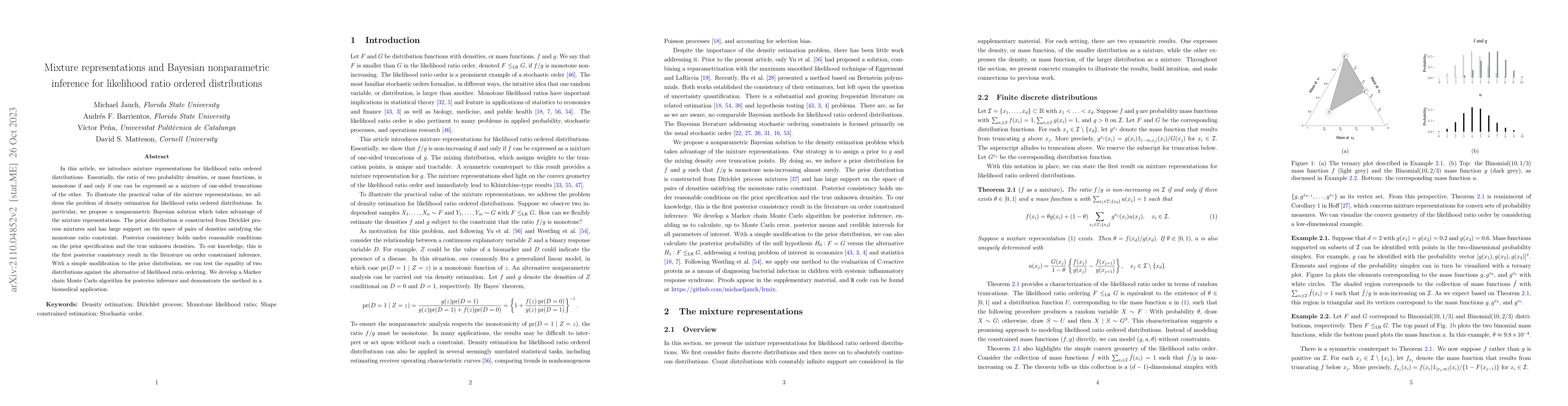 Thumbnail for Mixture representations and Bayesian nonparametric inference for
  likelihood ratio ordered distributions