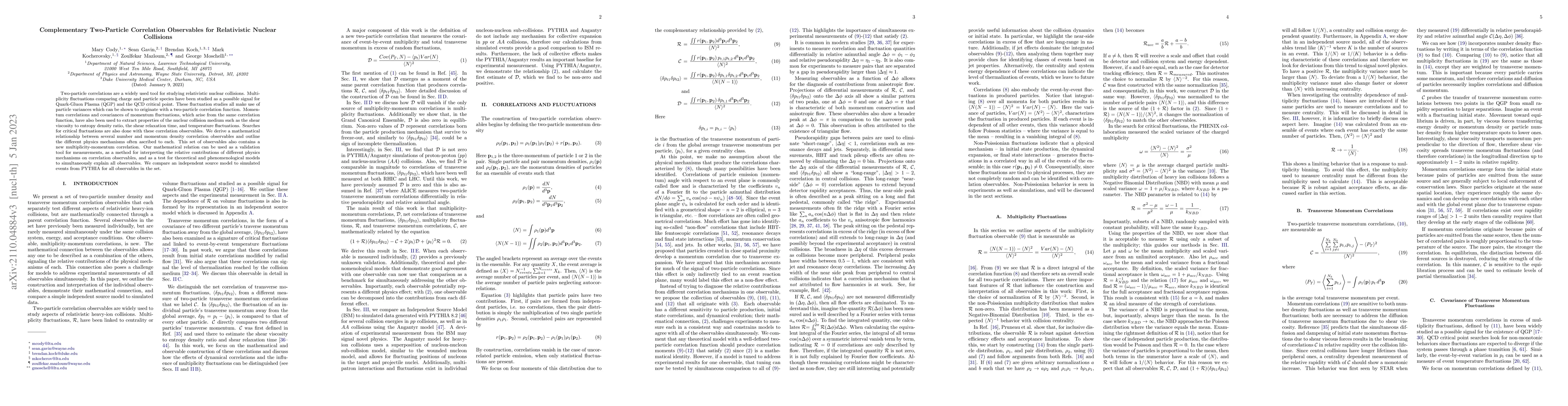 Thumbnail for Complementary Two-Particle Correlation Observables for Relativistic
  Nuclear Collisions