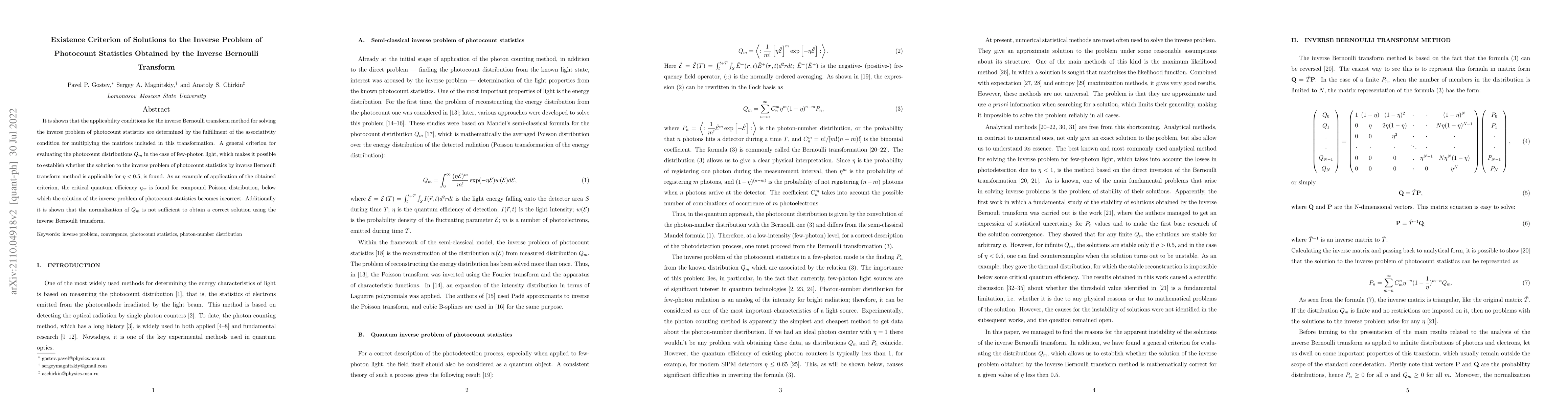 Thumbnail for Existence Criterion of Solutions to the Inverse Problem of Photocount
  Statistics Obtained by the Inverse Bernoulli Transform