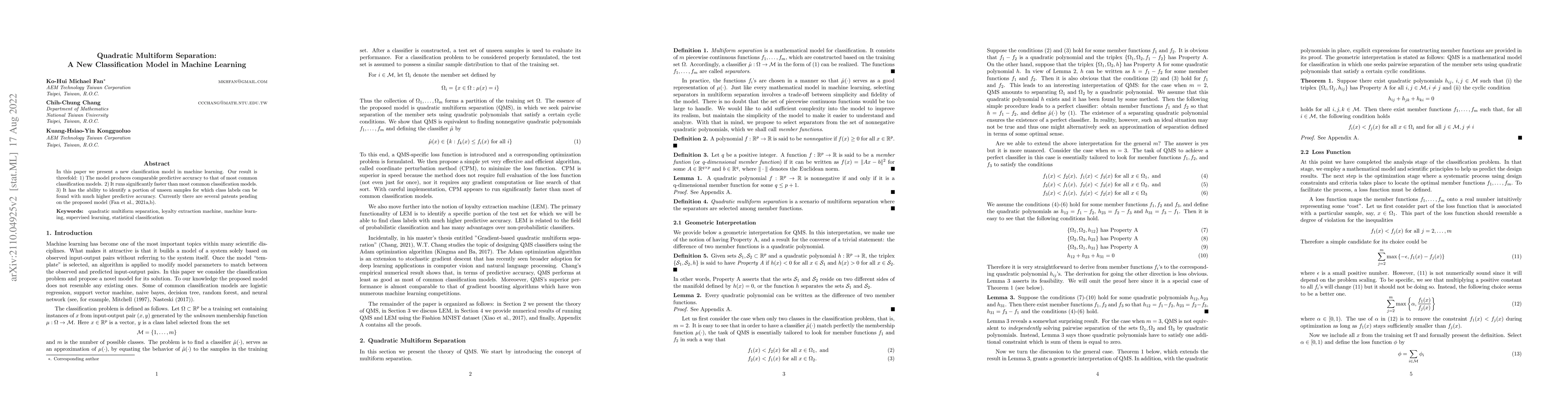 Thumbnail for Quadratic Multiform Separation: A New Classification Model in Machine
  Learning