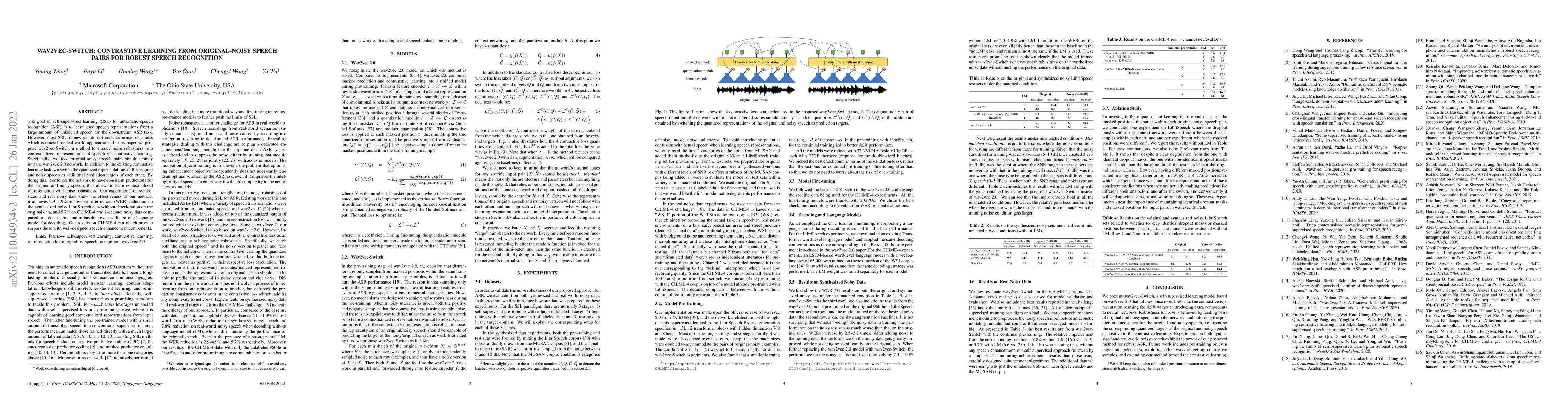 Thumbnail for Wav2vec-Switch: Contrastive Learning from Original-noisy Speech Pairs
  for Robust Speech Recognition