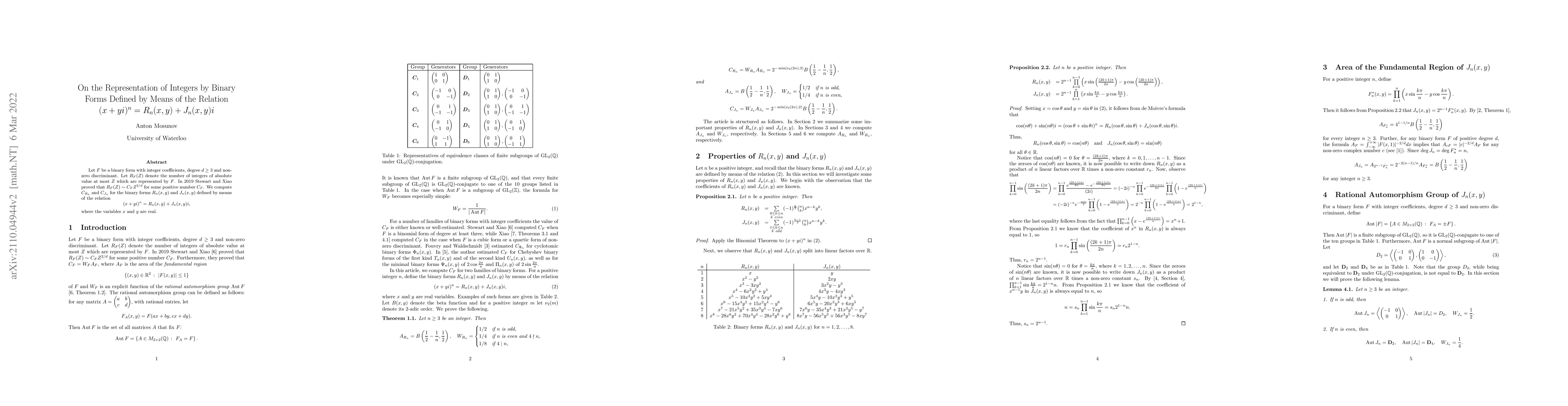 Thumbnail for On the Representation of Integers by Binary Forms Defined by Means of
  the Relation $(x + yi)^n = R_n(x, y) + J_n(x, y)i$