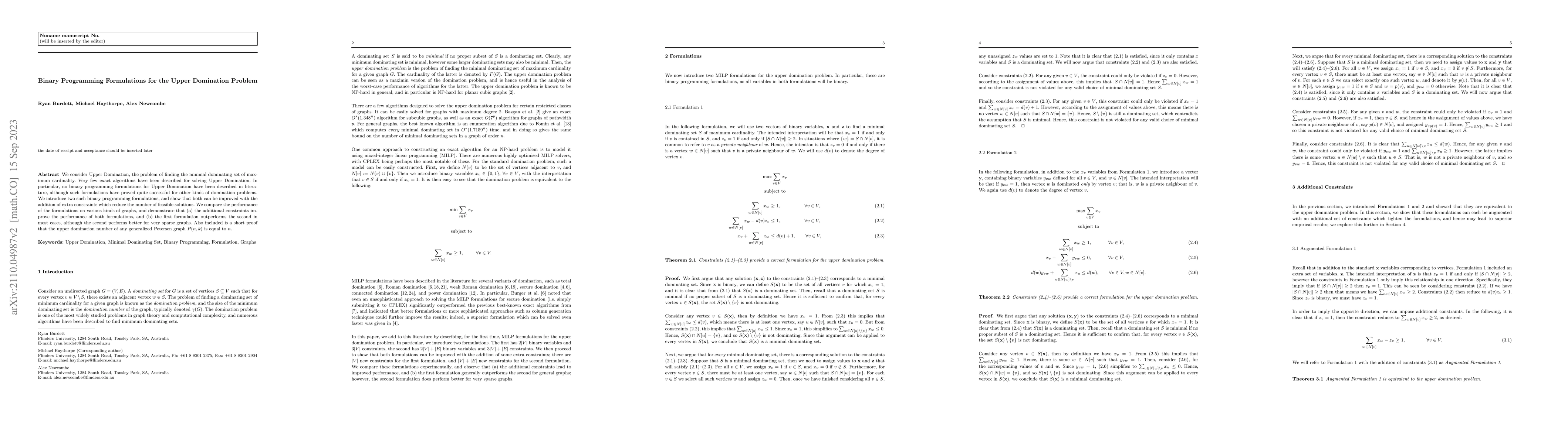 Thumbnail for Binary Programming Formulations for the Upper Domination Problem