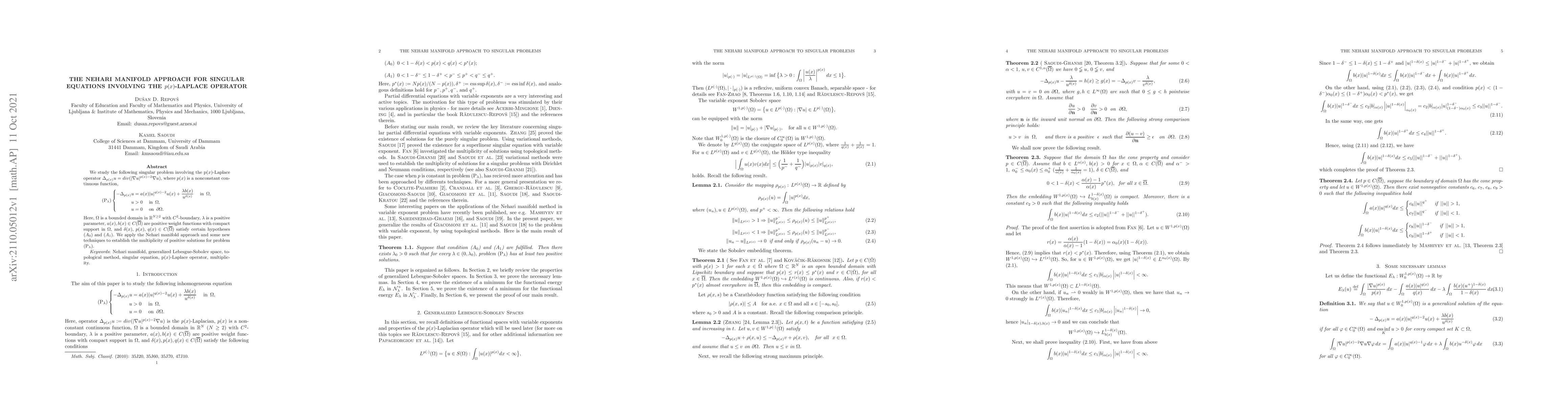 Thumbnail for The Nehari manifold approach for singular equations involving the
  p(x)-Laplace operator