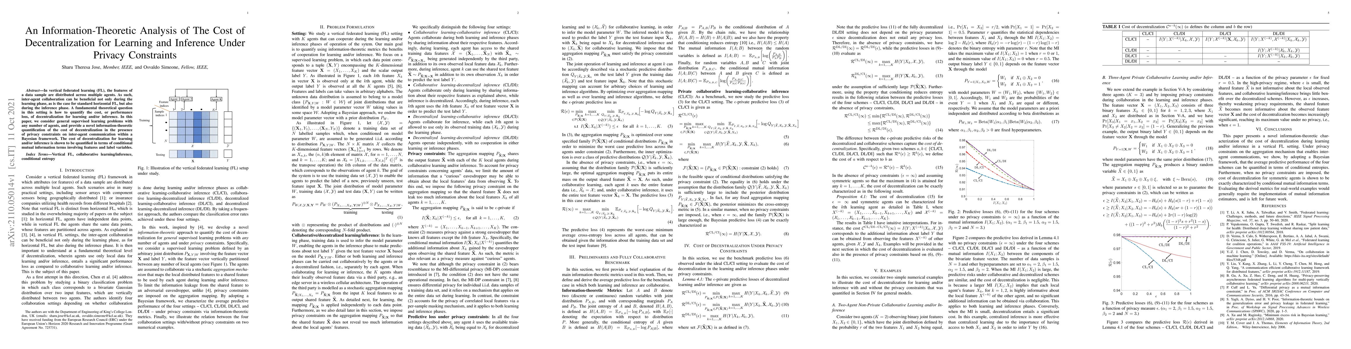Thumbnail for An Information-Theoretic Analysis of The Cost of Decentralization for
  Learning and Inference Under Privacy Constraints