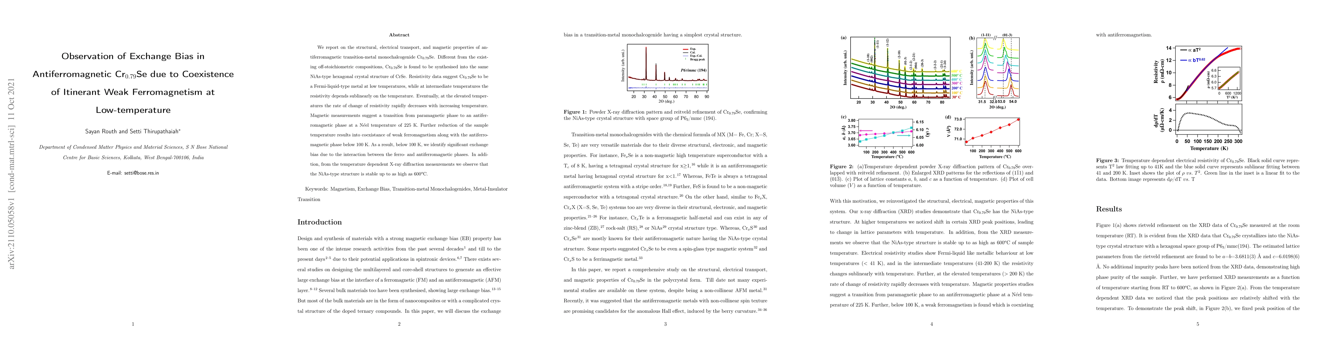 Thumbnail for Observation of Exchange Bias in Antiferromagnetic Cr$_{0.79}$Se due to
  the Coexistence of Itinerant Weak Ferromagnetism at Low-temperatures