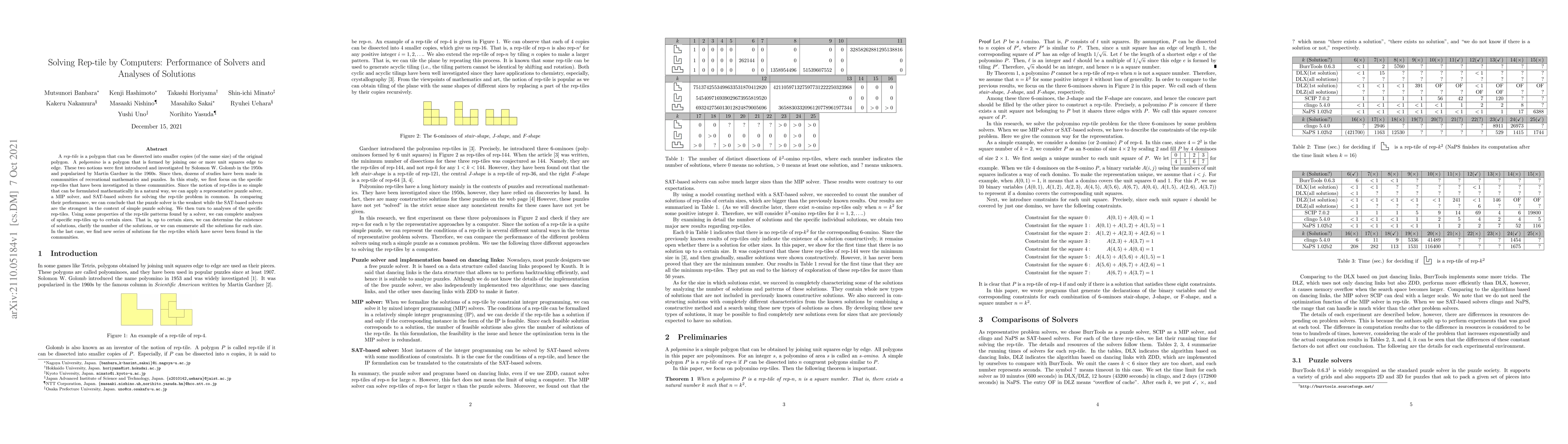 Thumbnail for Solving Rep-tile by Computers: Performance of Solvers and Analyses of
  Solutions