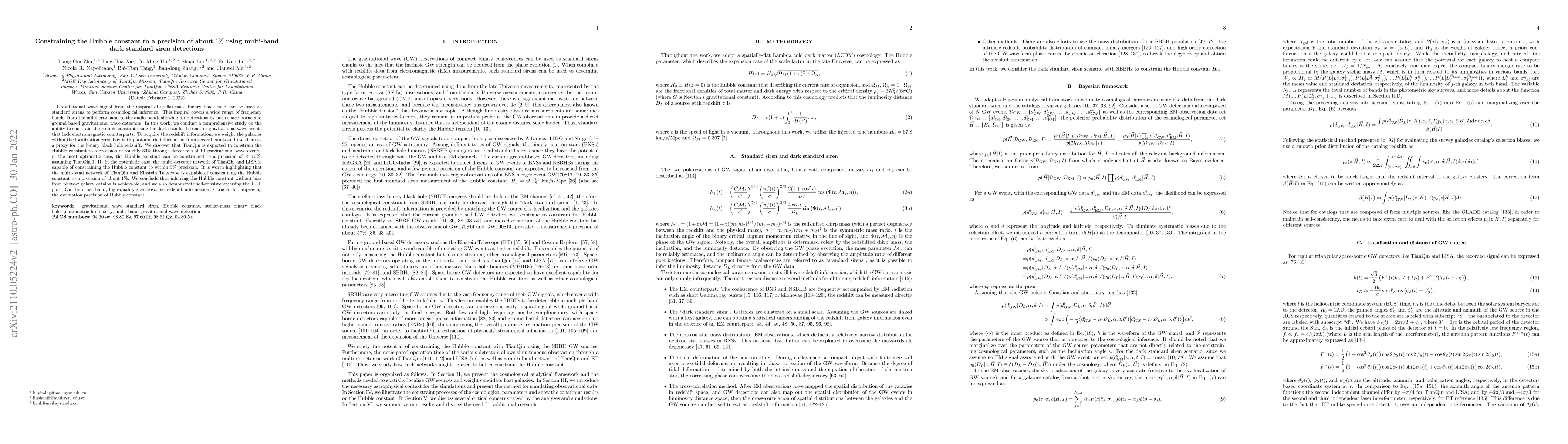 Thumbnail for Constraining the Hubble constant to a precision of about 1% using
  multi-band dark standard siren detections
