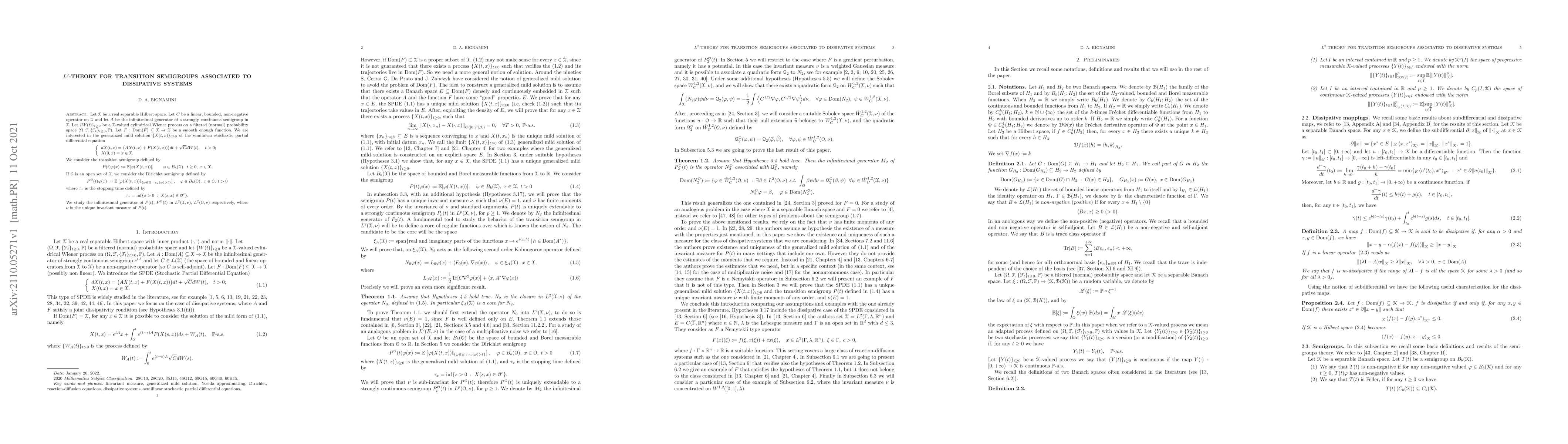 Thumbnail for $L^2$-theory for transitions semigroups associated to dissipative
  systems
