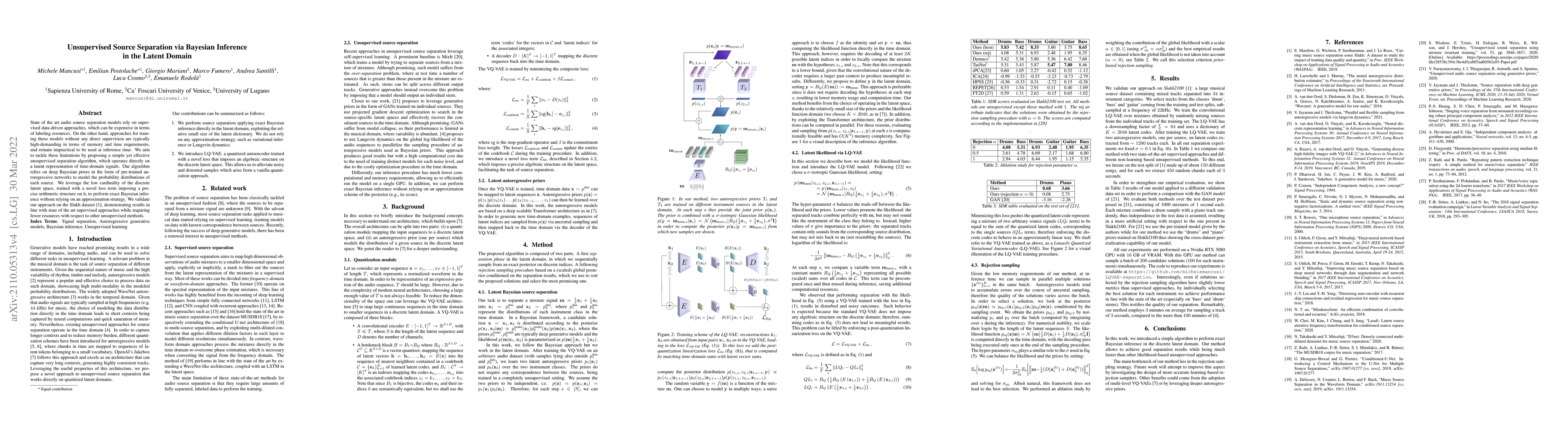 Thumbnail for Unsupervised Source Separation via Bayesian Inference in the Latent
  Domain