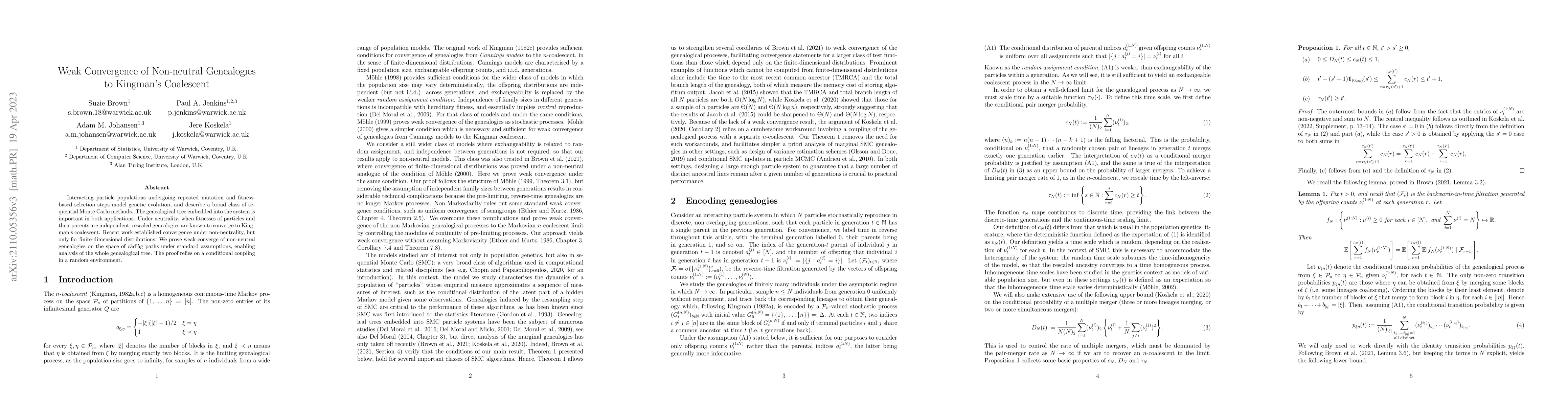Thumbnail for Weak Convergence of Non-neutral Genealogies to Kingman's Coalescent