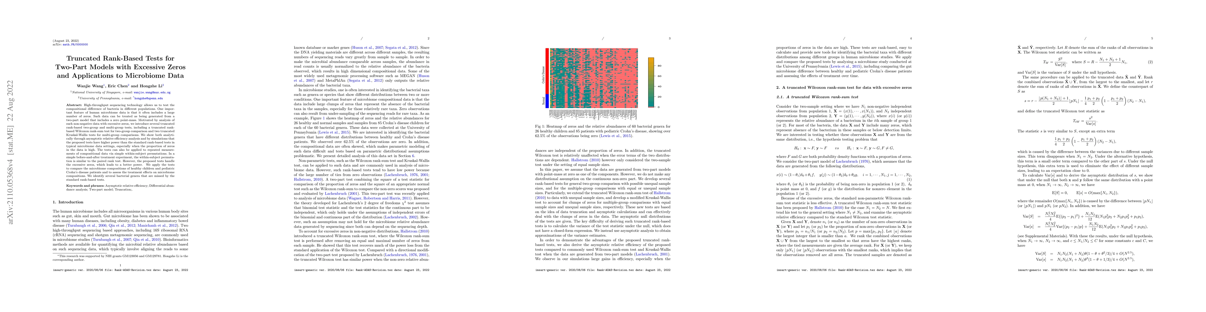 Thumbnail for Truncated Rank-Based Tests for Two-Part Models with Excessive Zeros and
  Applications to Microbiome Data
