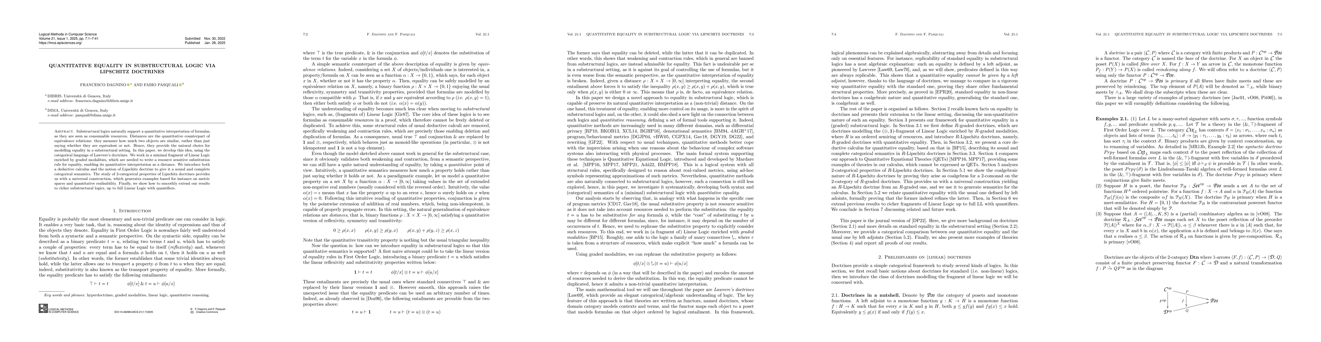 Thumbnail for Quantitative Equality in Substructural Logic via Lipschitz Doctrines