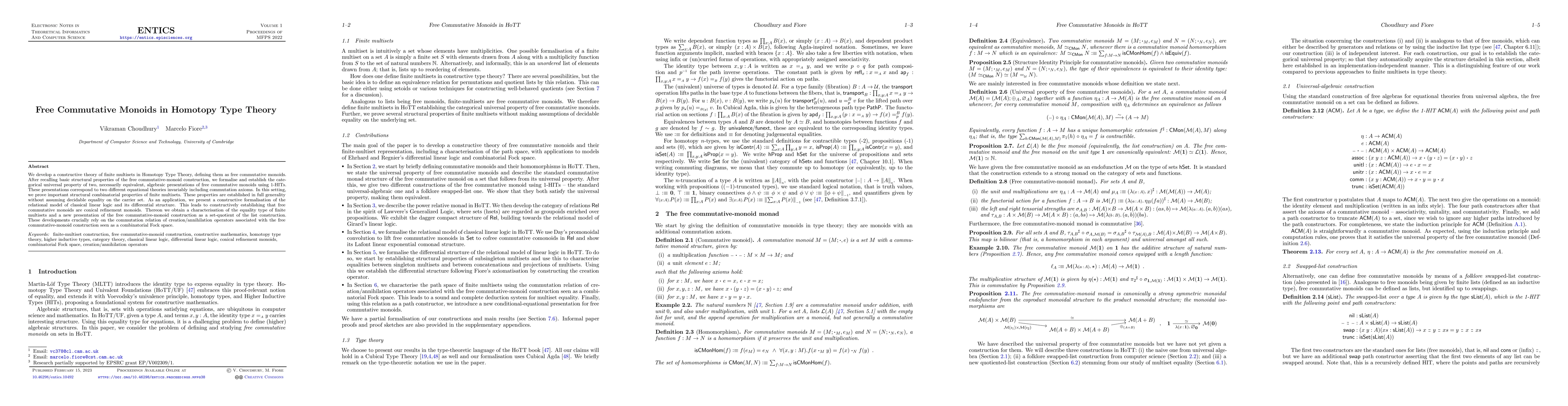Thumbnail for Free Commutative Monoids in Homotopy Type Theory