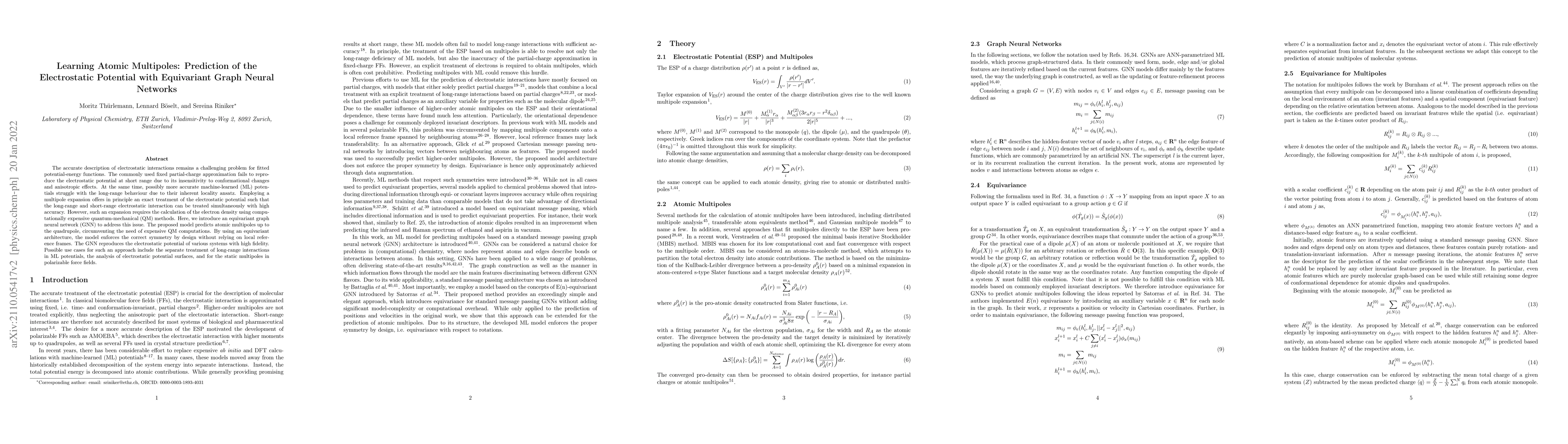Thumbnail for Learning Atomic Multipoles: Prediction of the Electrostatic Potential
  with Equivariant Graph Neural Networks