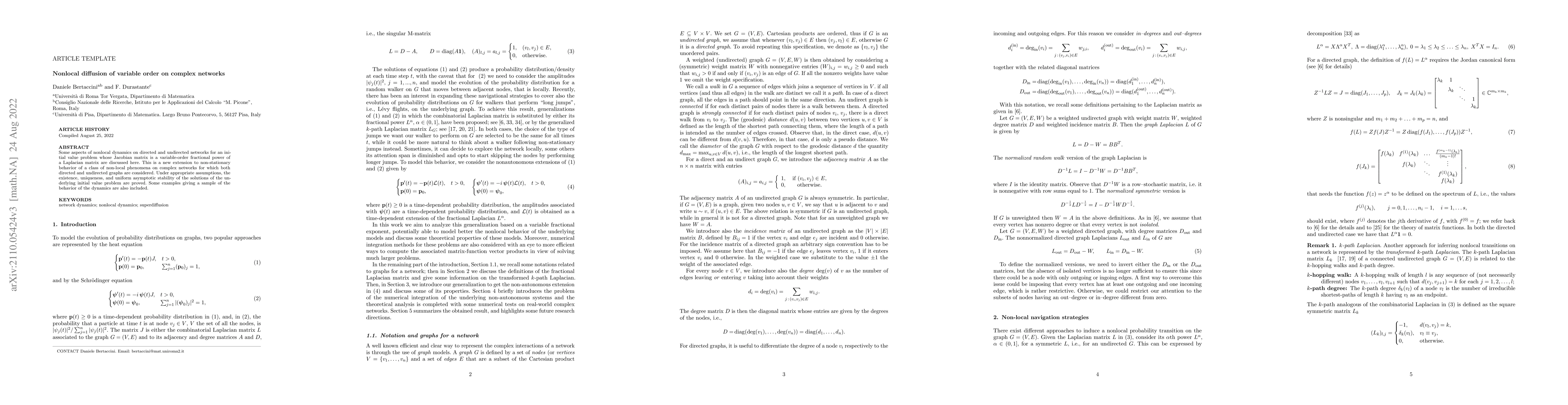 Thumbnail for Nonlocal diffusion of variable order on complex networks