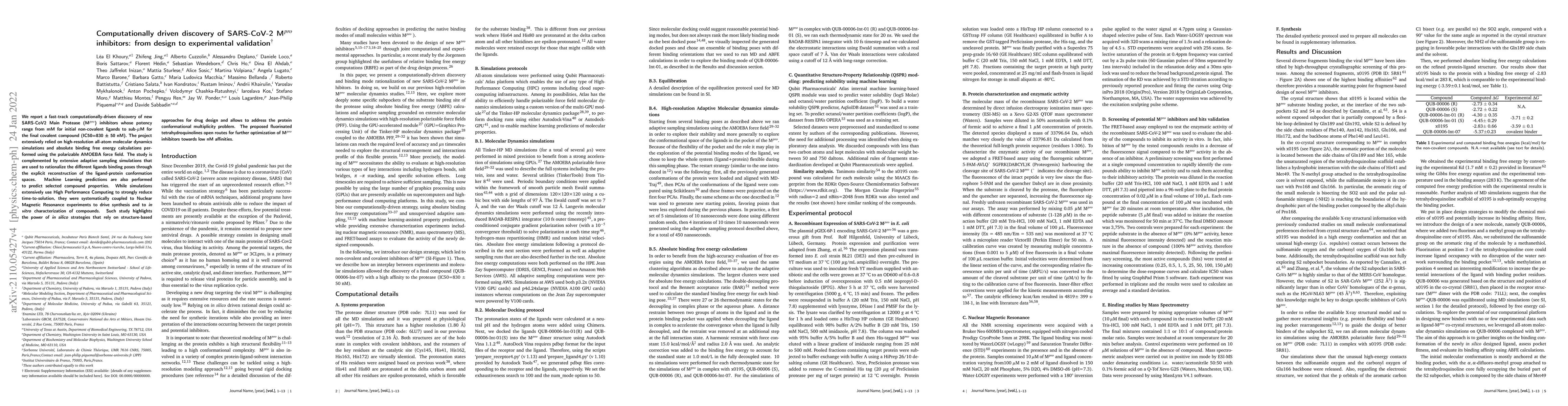 Thumbnail for Computationally driven discovery of SARS-CoV-2 Mpro inhibitors: from
  design to experimental validation