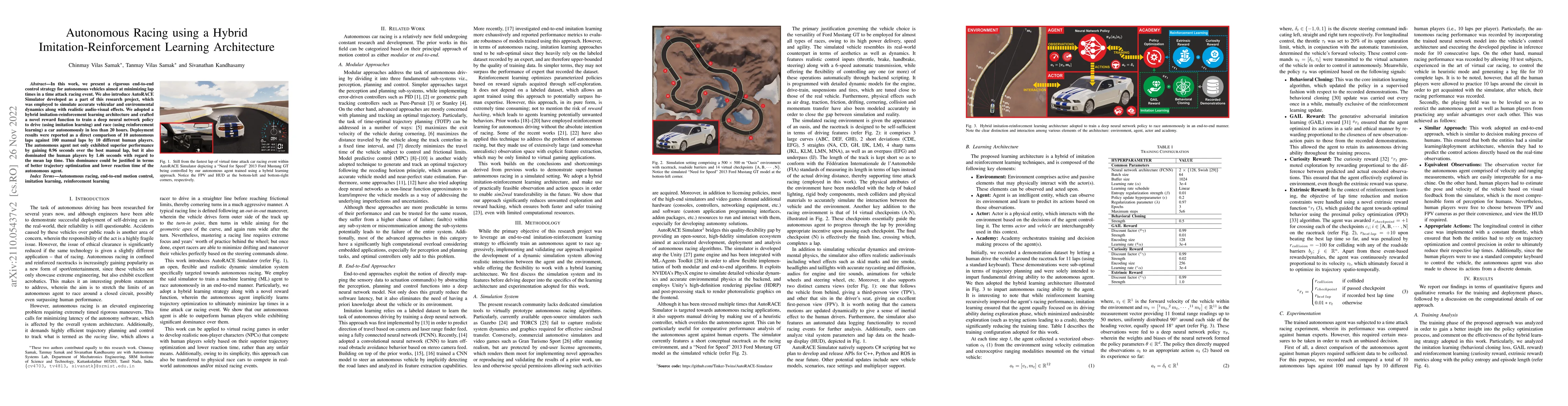 Thumbnail for Autonomous Racing using a Hybrid Imitation-Reinforcement Learning
  Architecture
