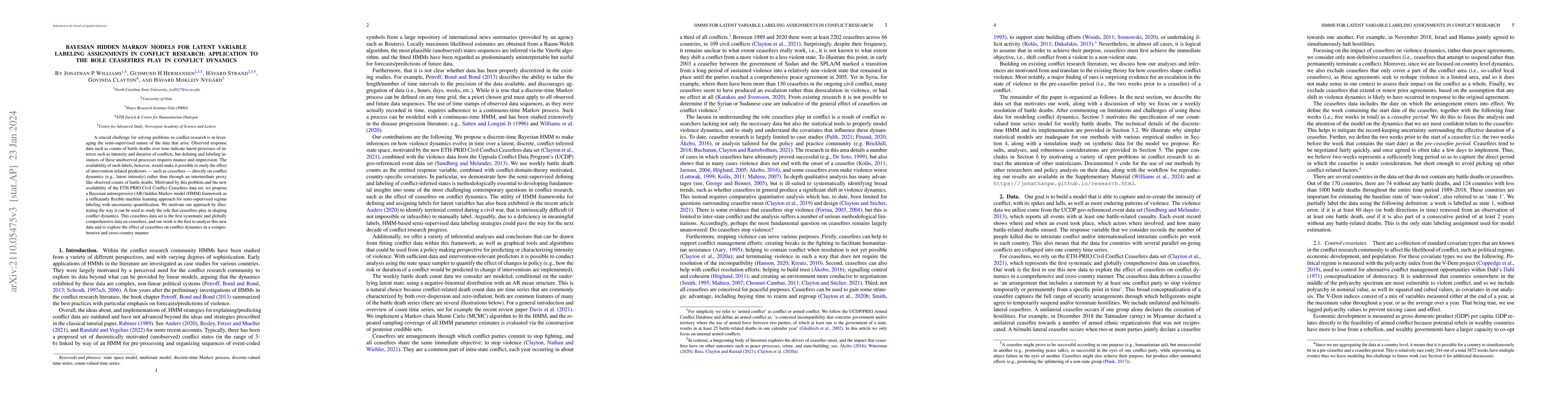 Thumbnail for Bayesian hidden Markov models for latent variable labeling assignments
  in conflict research: application to the role ceasefires play in conflict
  dynamics