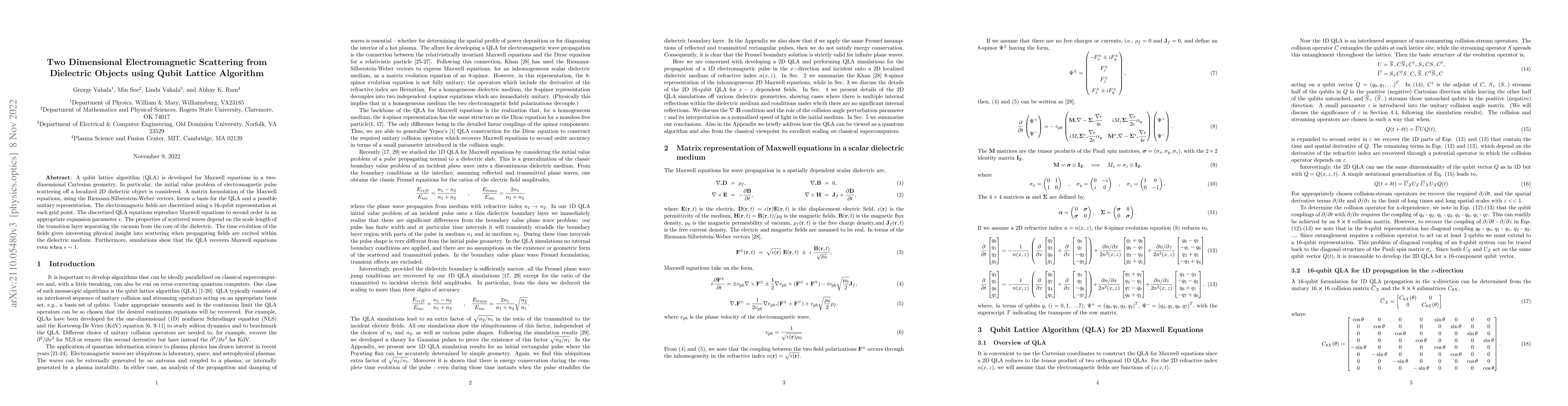 Thumbnail for Two Dimensional Electromagnetic Scattering form Dielectric Objects using
  Qubit Lattice Algorithm