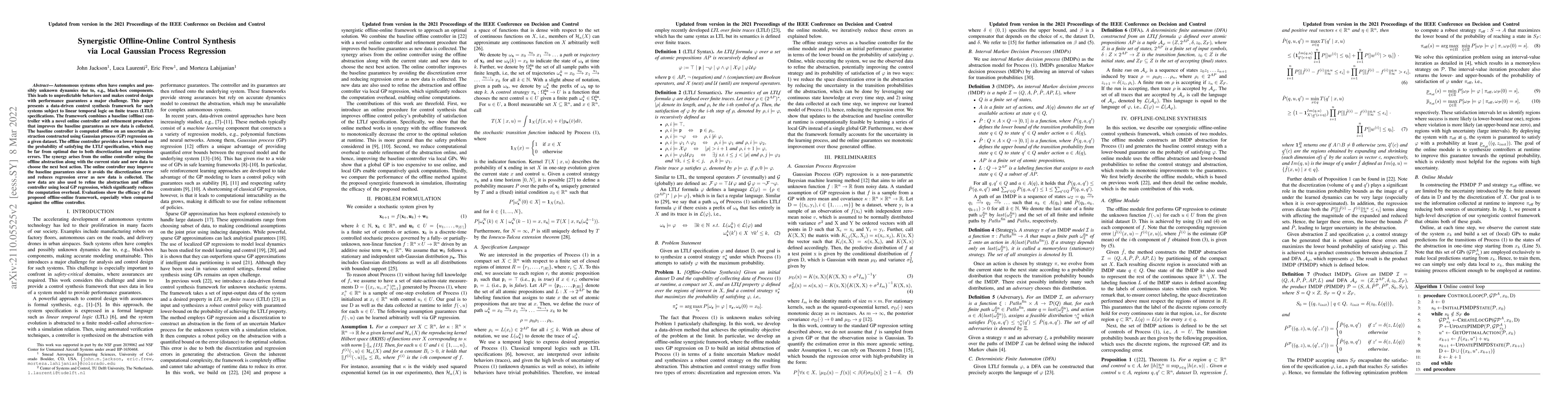 Thumbnail for Synergistic Offline-Online Control Synthesis via Local Gaussian Process
  Regression