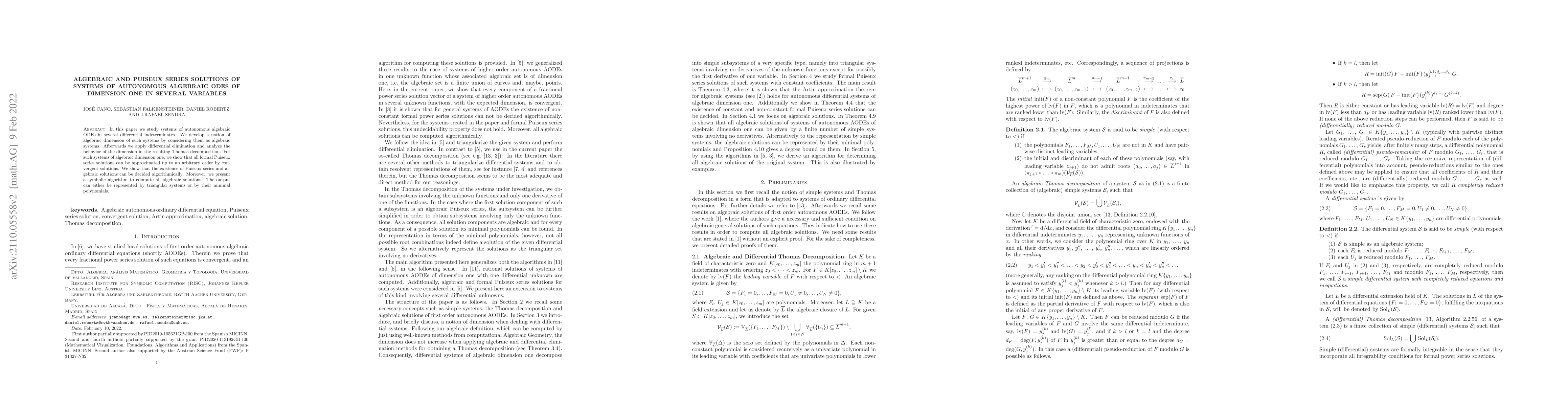 Thumbnail for Algebraic and Puiseux series solutions of systems of autonomous
  algebraic ODEs of dimension one in several variables