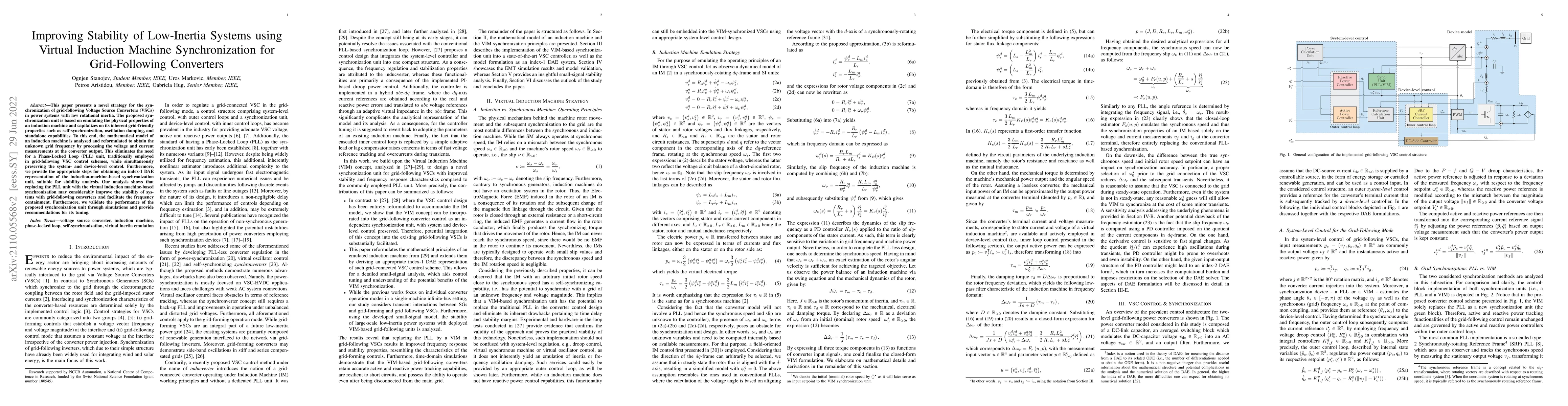 Thumbnail for Improving Stability of Low-Inertia Systems using Virtual Induction
  Machine Synchronization for Grid-Following Converters