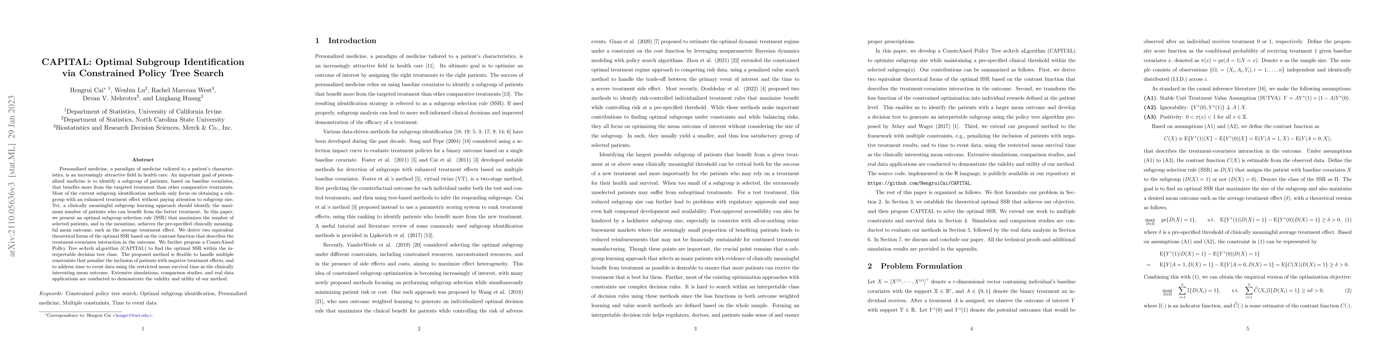 Thumbnail for CAPITAL: Optimal Subgroup Identification via Constrained Policy Tree
  Search