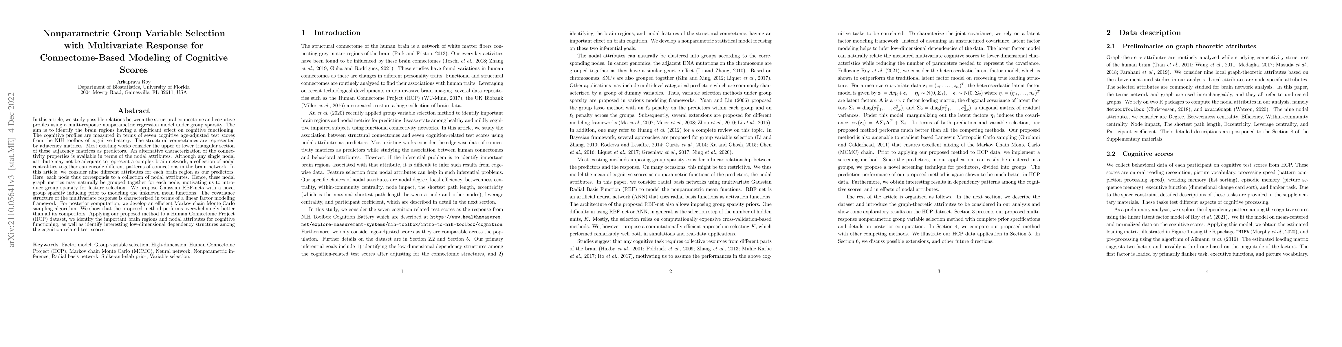 Thumbnail for Nonparametric Group Variable Selection with Multivariate Response for
  Connectome-Based Modeling of Cognitive Scores