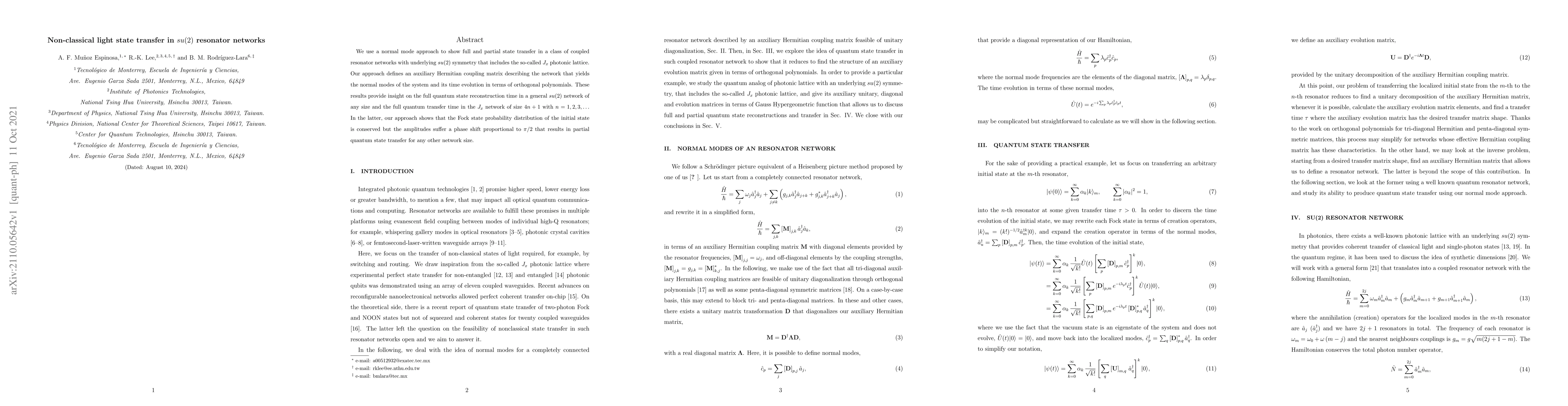 Thumbnail for Non-classical light state transfer in $su(2)$ resonator networks