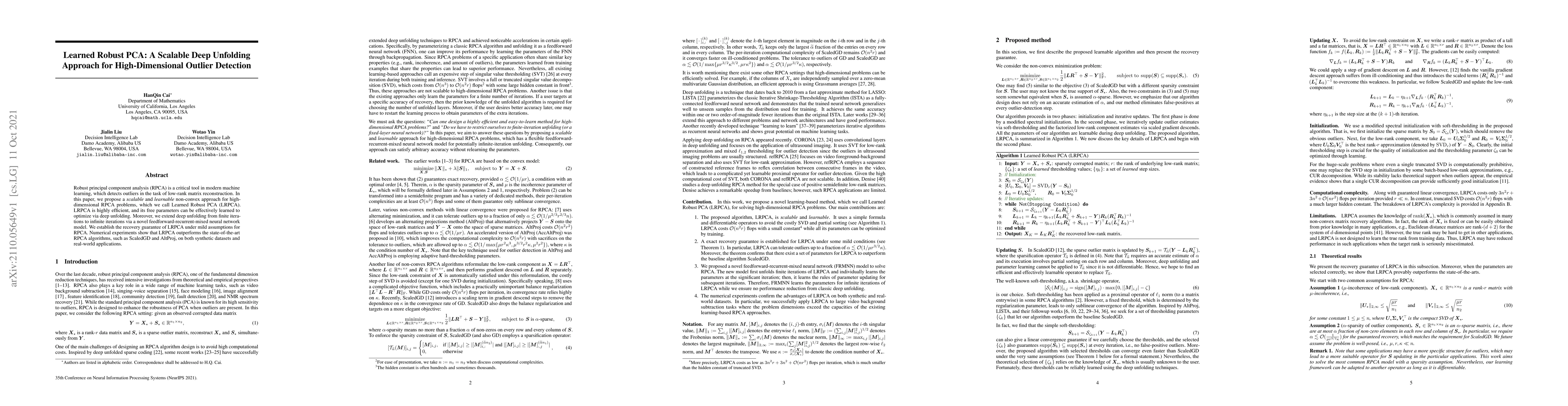 Thumbnail for Learned Robust PCA: A Scalable Deep Unfolding Approach for
  High-Dimensional Outlier Detection