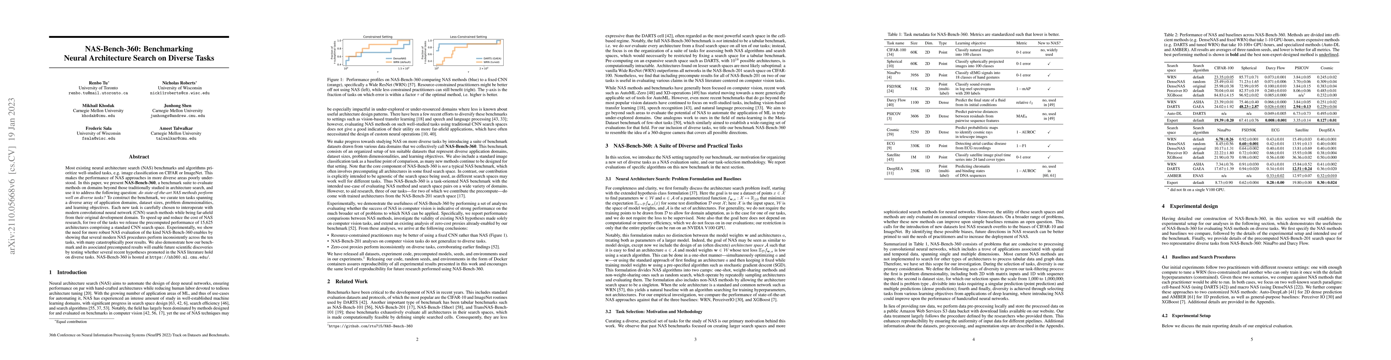 Thumbnail for NAS-Bench-360: Benchmarking Neural Architecture Search on Diverse Tasks