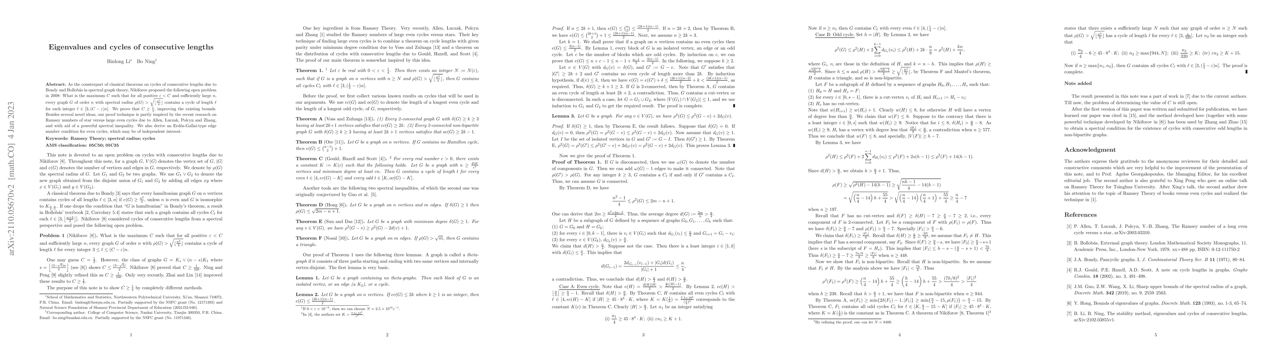 Thumbnail for Eigenvalues and cycles of consecutive lengths