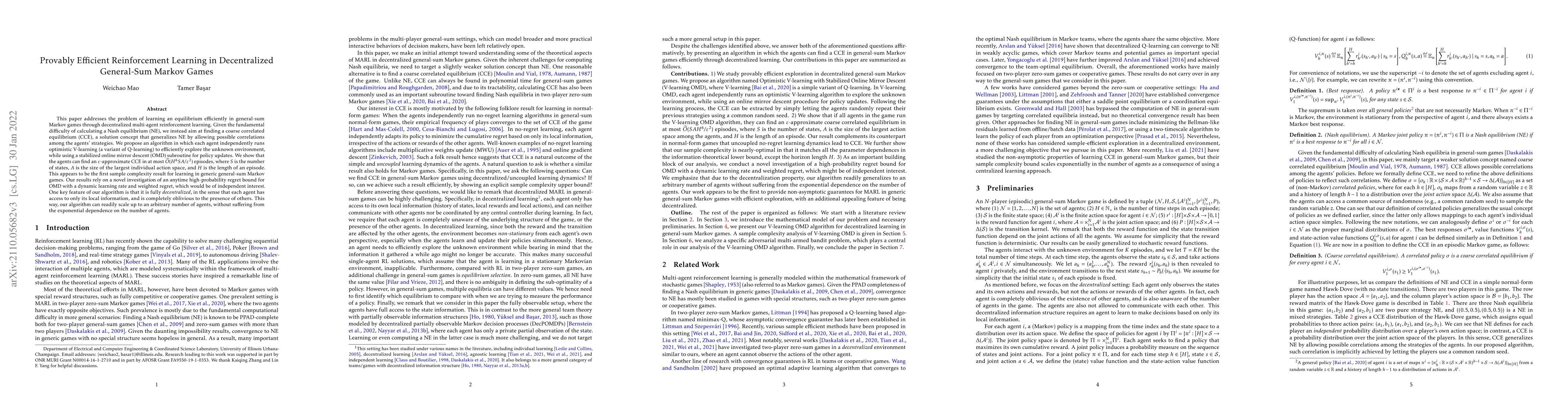 Thumbnail for Provably Efficient Reinforcement Learning in Decentralized General-Sum
  Markov Games