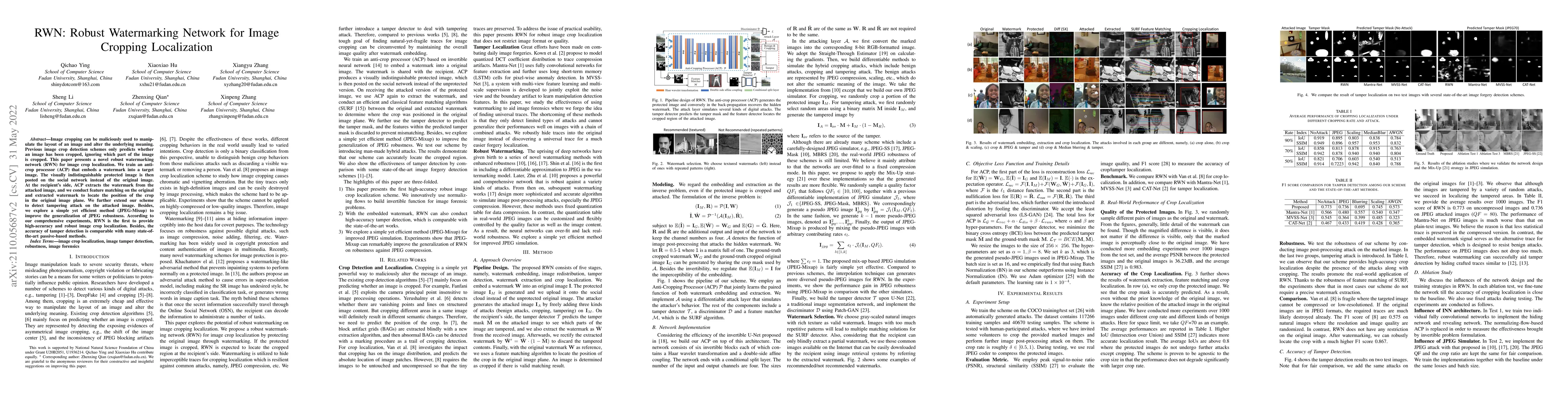 Thumbnail for RWN: Robust Watermarking Network for Image Cropping Localization