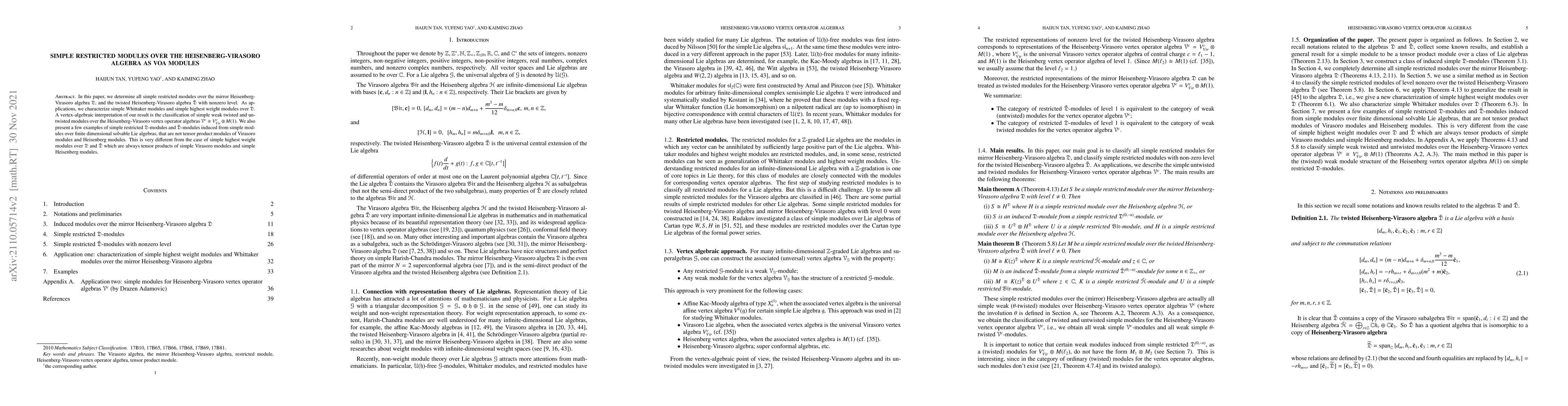 Thumbnail for Simple restricted modules over the Heisenberg-Virasoro algebra as VOA
  modules