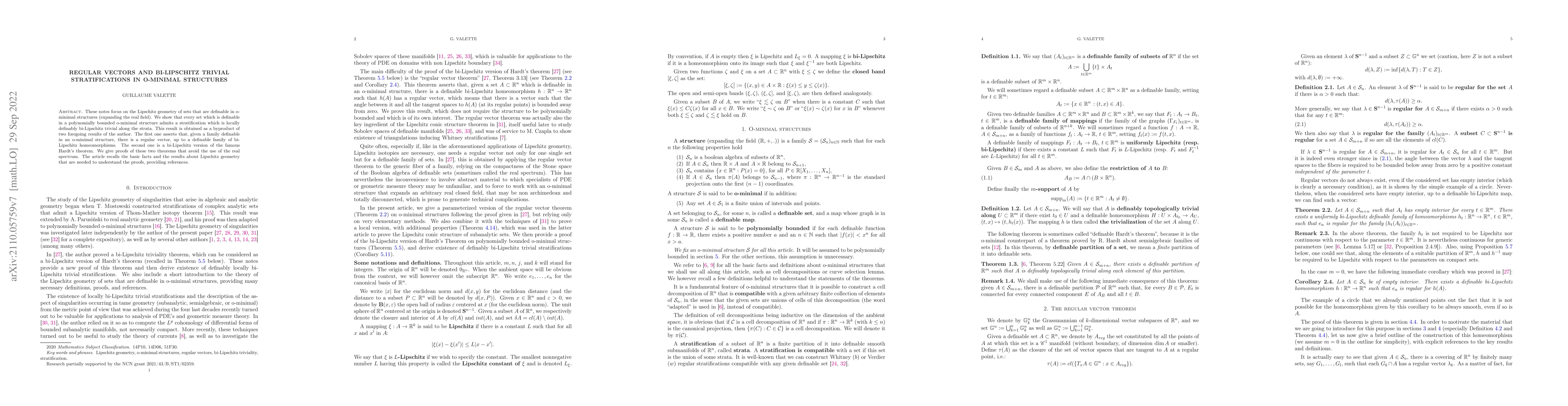 Thumbnail for Regular vectors and bi-Lipschitz trivial stratifications in o-minimal
  structures